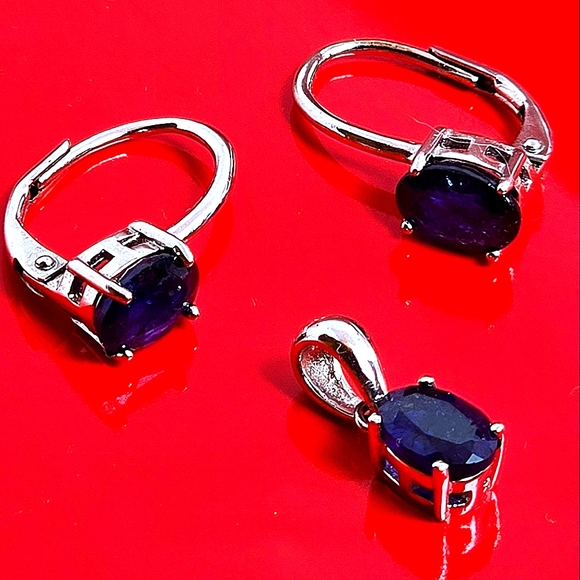 Natural Blue Sapphire set "Celeste". 925 Sterling  Earrings, Pendant, Ring 5.75 - Picture 12 of 15